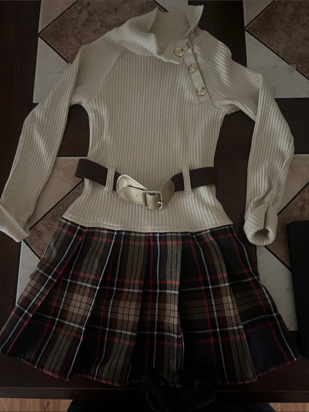 Girls Cream Ribbed Mock-Neck Sweater Top with Button-Shoulder Detail